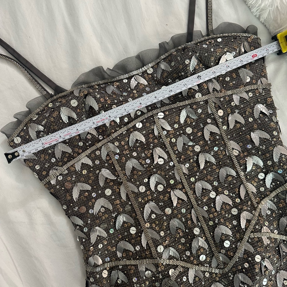 Vintage MANDALAY Gunmetal Beaded Corset Leaf Embellished Midi Dress S/M - Picture 4 of 16